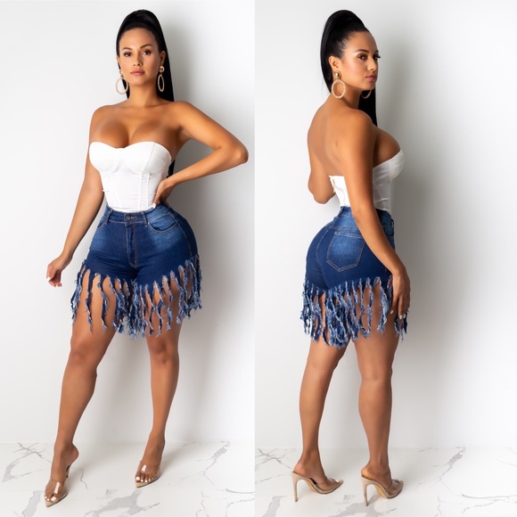 COPY - Medium Denim Bike Distressed Fringe Shorts - Picture 1 of 3